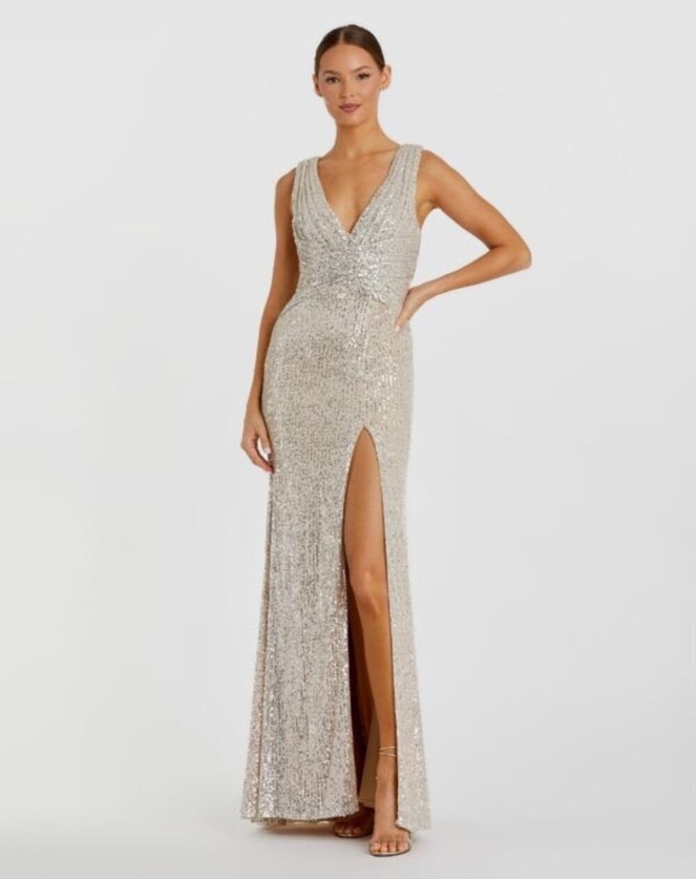 MAC DUGGAL 26598 Nude Silver V-Neck Sequin Wrap Waist Gown NWT size 10